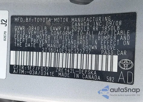 2009 Toyota Corolla S из США, поврежденный, VIN 2T1BU40E29C122717